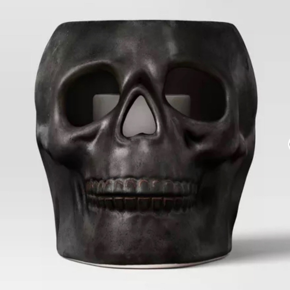 6.12"x8.25" Large Patina Pillar Ceramic Skull Candle Holder Black - Threshold™